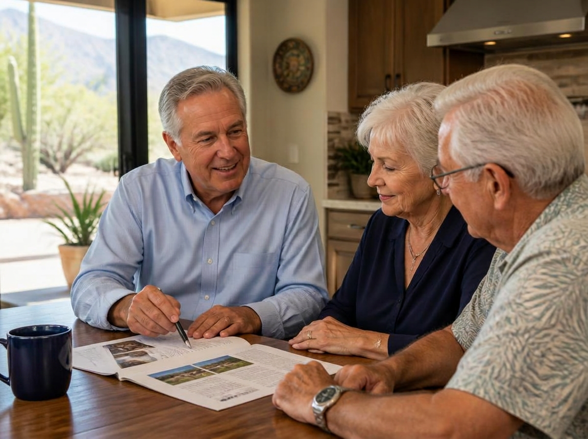 REALTOR® William Fleck answering a retired couple's questions about buying a home in a West Valley 55+ community