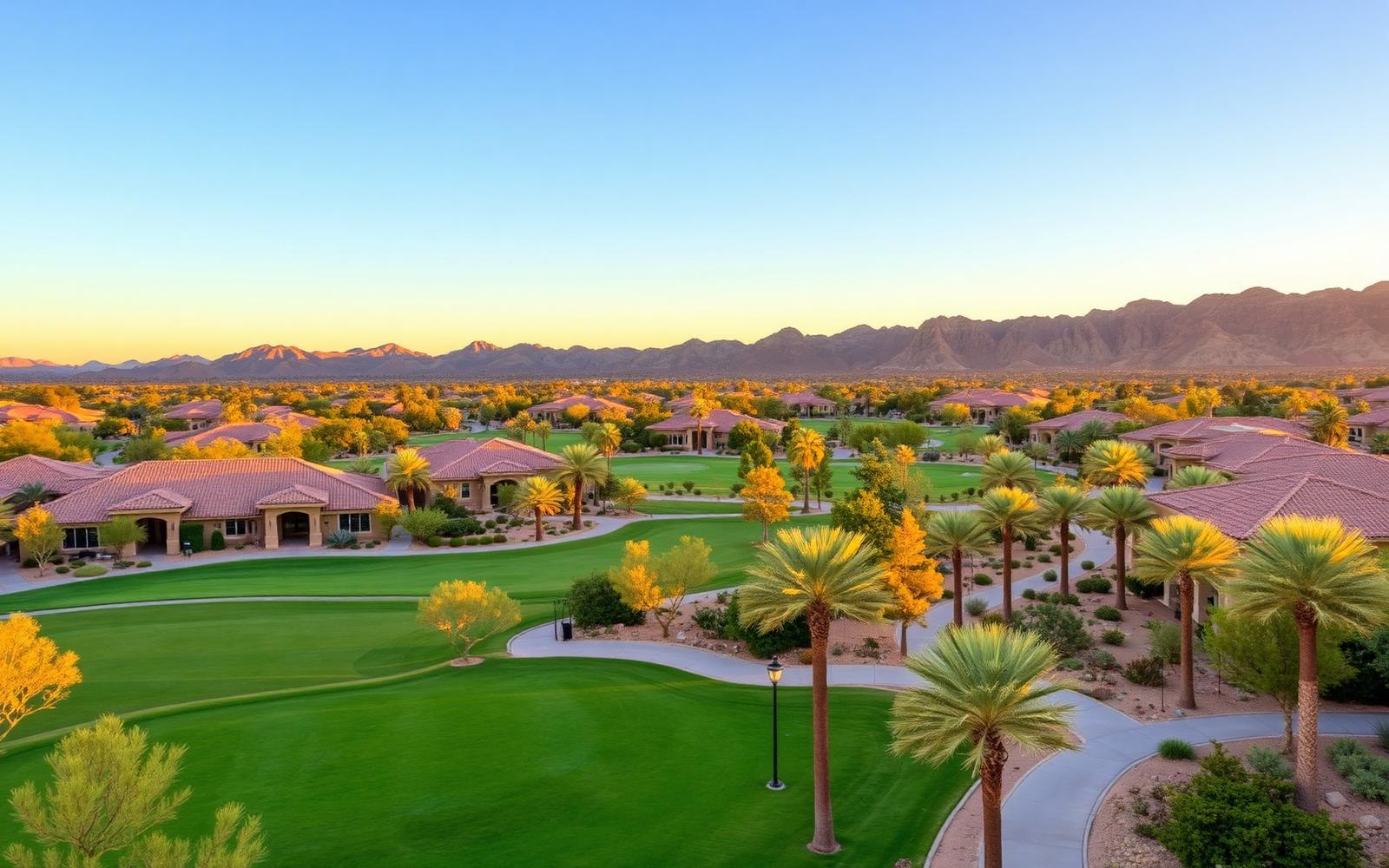 Golden-hour view of PebbleCreek in Goodyear Arizona with Tuscan tile-roof homes, golf fairway, palms and the Estrella Mountains