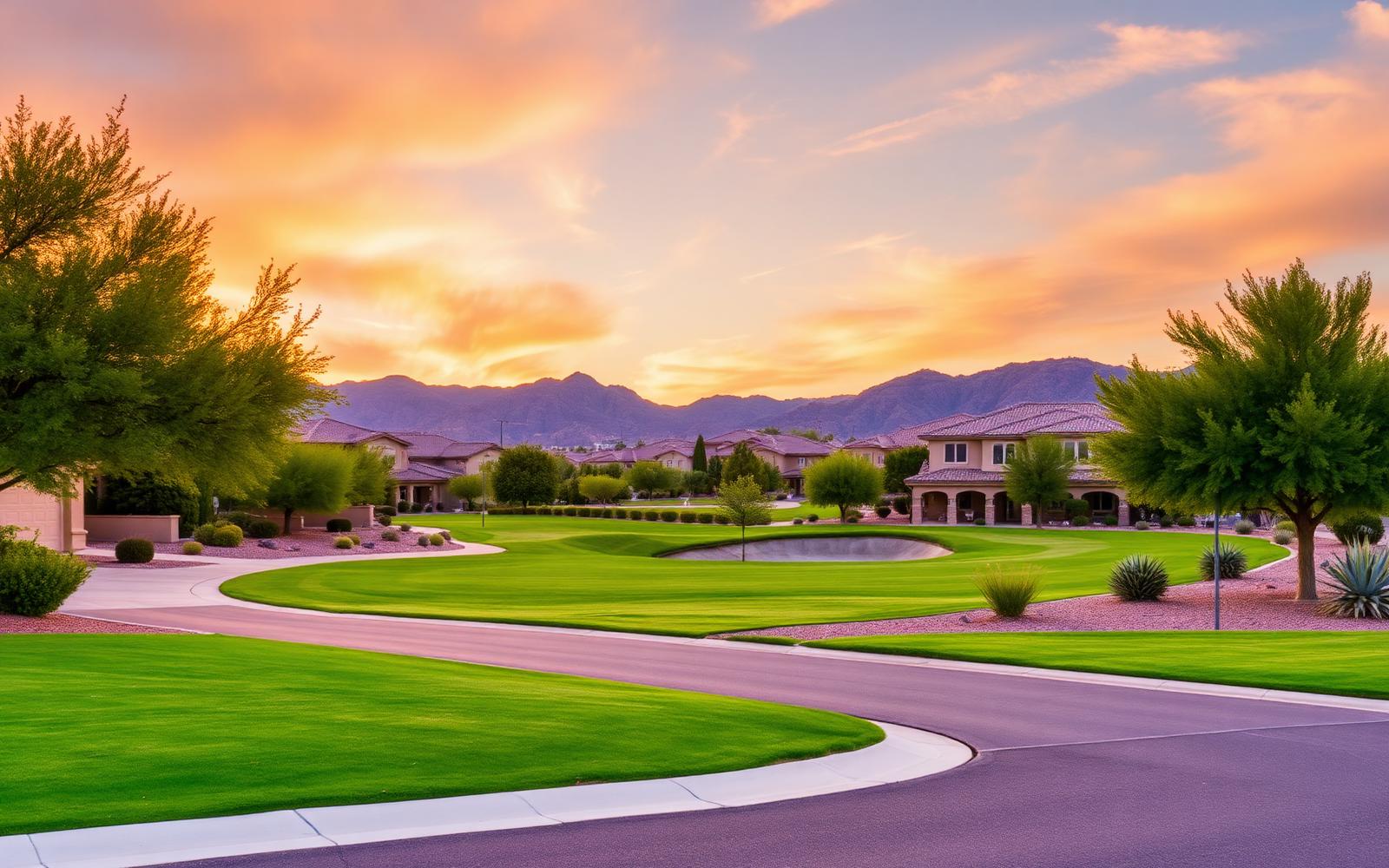 Sunset over Victory at Verrado in Buckeye Arizona with golf fairway, desert homes and the White Tank Mountains
