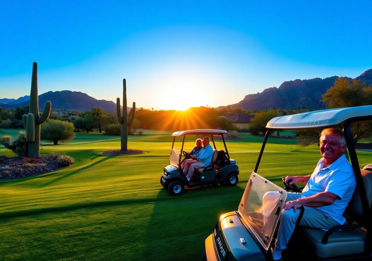Active retirees riding golf carts on a desert Arizona course at sunrise