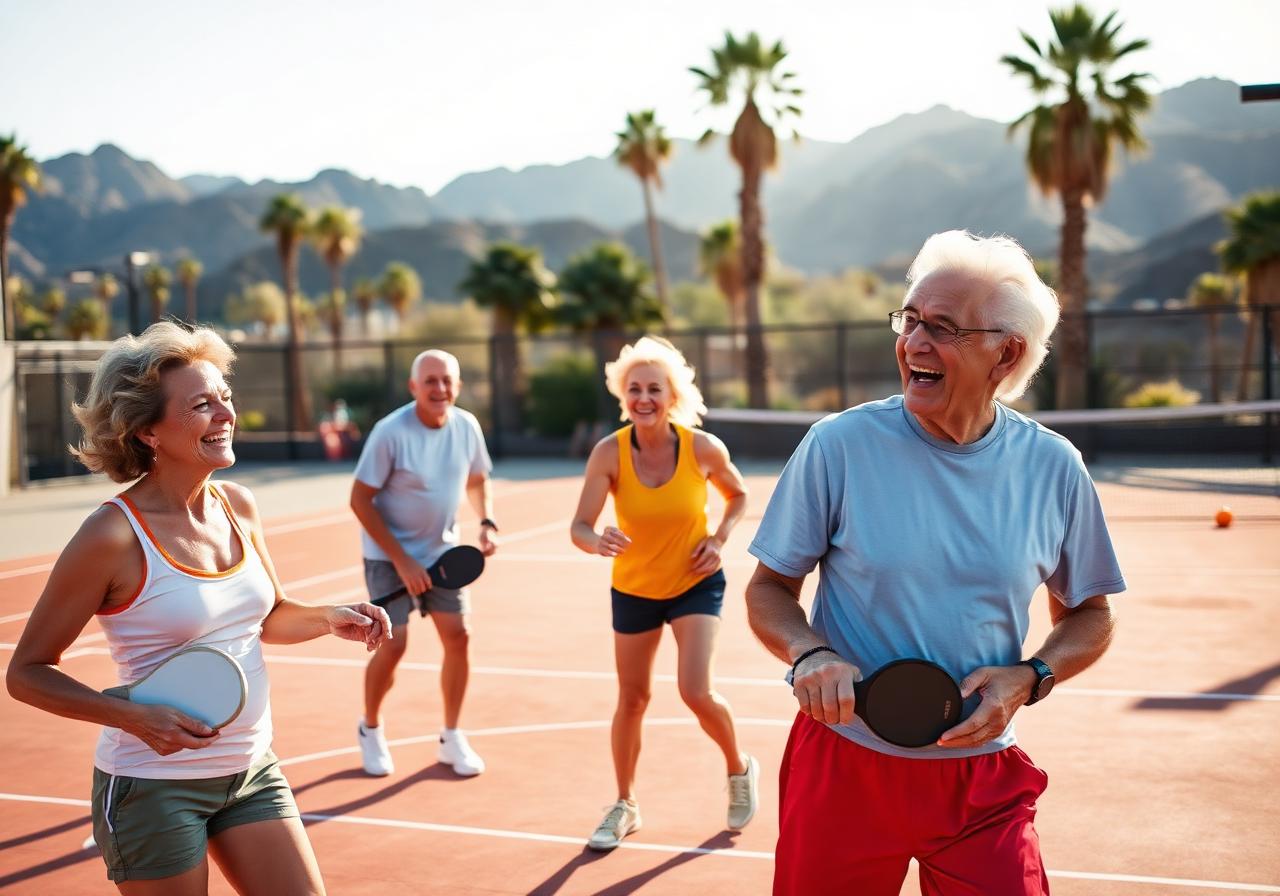 Senior adults laughing during a pickleball rally on an outdoor court