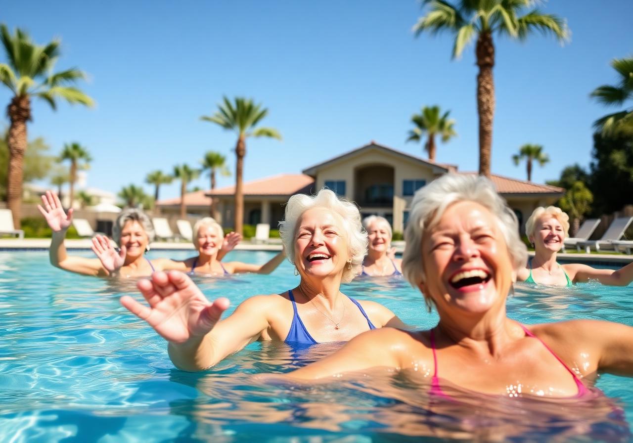 Active seniors smiling during water aerobics in a resort pool
