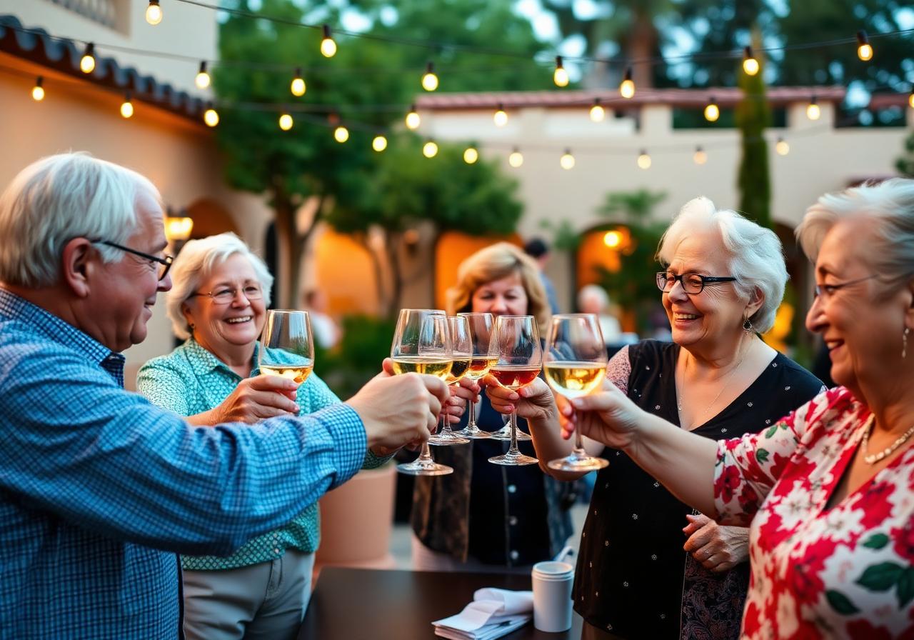 Neighbors toasting wine glasses at a community courtyard social event